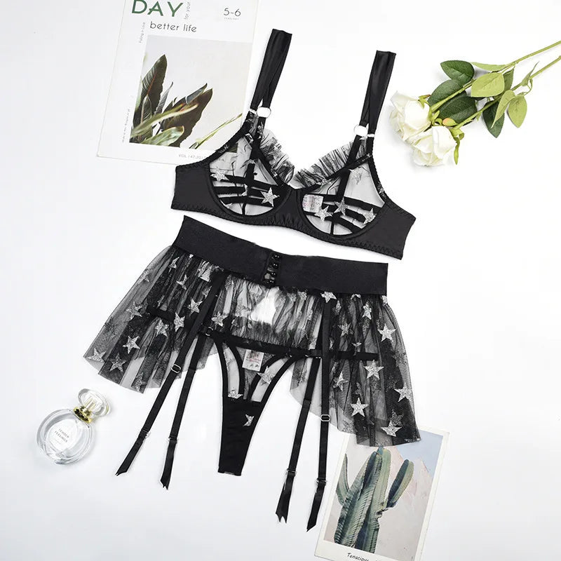 Toucheart Erotic Lingerie Panty with Ruffle Skirt 3PCS Mesh Printing Star See-through Slim Backless Intimate Underwear