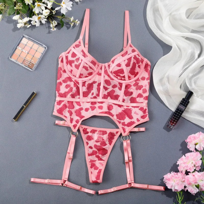 Toucheart Erotic Lingerie Pink Leopard Print Corset Set See-through Mesh Garter Bodyshaping Pure Desire Underwear