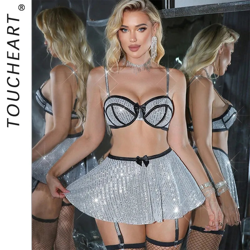 Toucheart Erotic Lingerie Pure Desire Silver Bra Sequined Shortskirt with Fishnet Stockings Short Skirt Suit Seductiveskirt