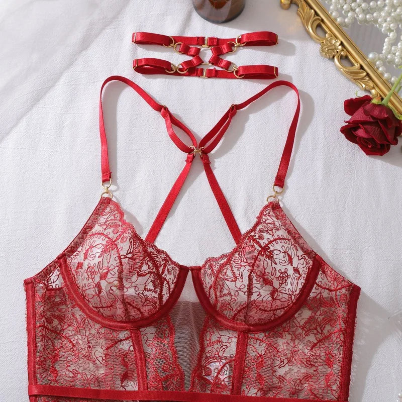 Toucheart Erotic Lingerie Redtie Embroidery See-through Mesh Bodyshaping Luxurious Intimateseparates Suit