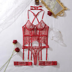 Toucheart Erotic Lingerie Redtie Embroidery See-through Mesh Bodyshaping Luxurious Intimateseparates Suit