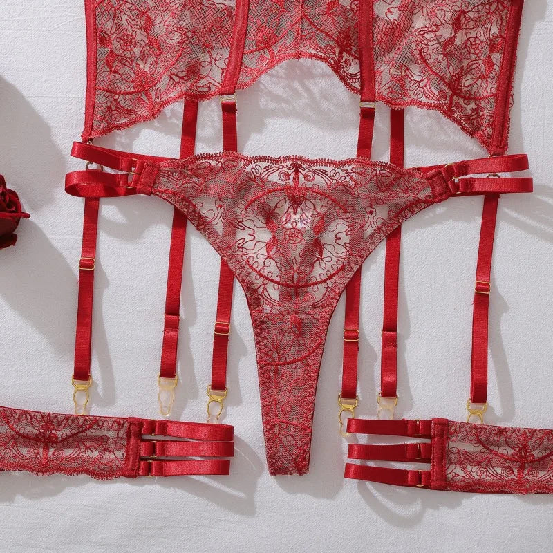 Toucheart Erotic Lingerie Redtie Embroidery See-through Mesh Bodyshaping Luxurious Intimateseparates Suit