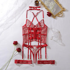 Toucheart Erotic Lingerie Redtie Embroidery See-through Mesh Bodyshaping Luxurious Intimateseparates Suit