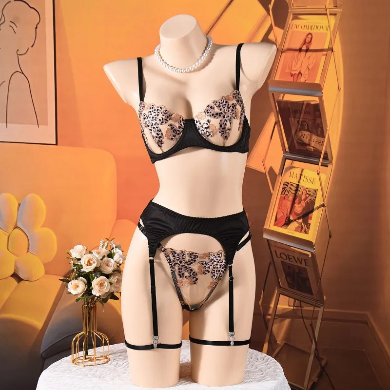 Toucheart Erotic Lingerie Satin Contrast Color Mesh Embroidery Floral See-through Puredesire Delicate Bra Set