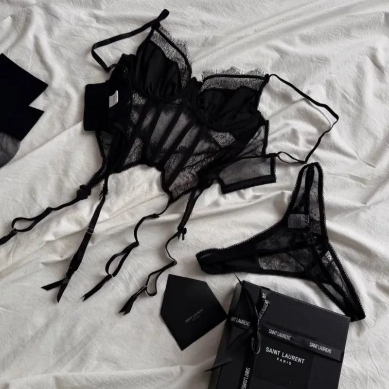 Toucheart Erotic Lingerie See-through Eyelash Lace Tight Waist Fishbone Intimate Lingerie Split Set