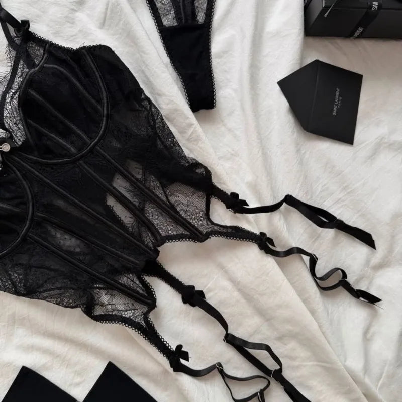 Toucheart Erotic Lingerie See-through Eyelash Lace Tight Waist Fishbone Intimate Lingerie Split Set
