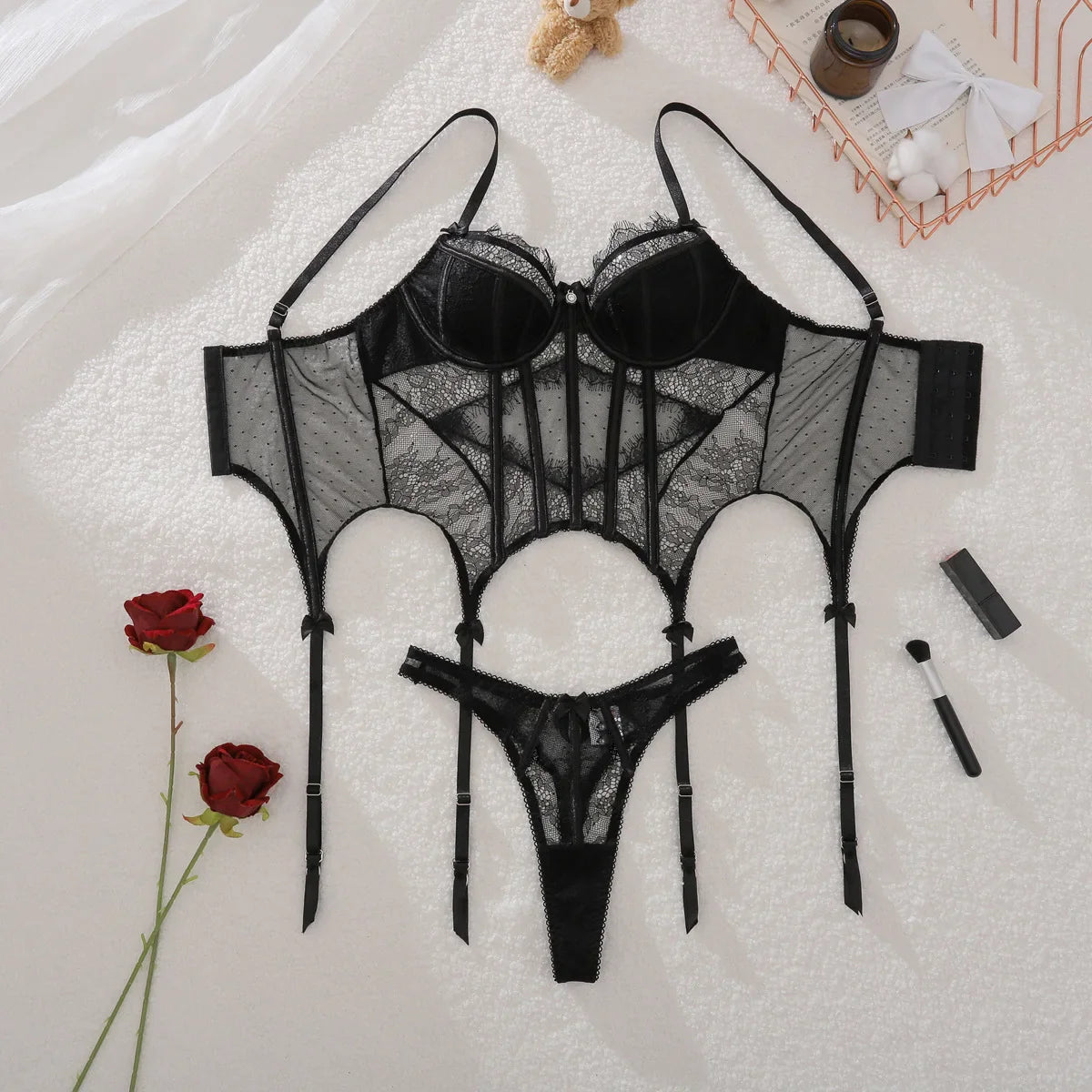 Toucheart Erotic Lingerie See-through Eyelash Lace Tight Waist Fishbone Intimate Lingerie Split Set