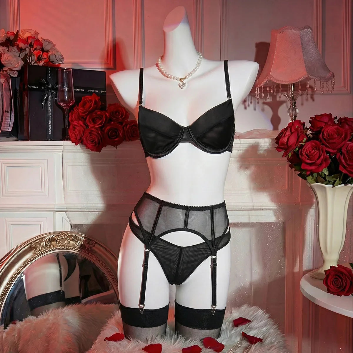 Toucheart Erotic Lingerie Set Mesh Push-up Big Breasts Slimming Intimate Delicate Underwear Split Set with Leg Warmers
