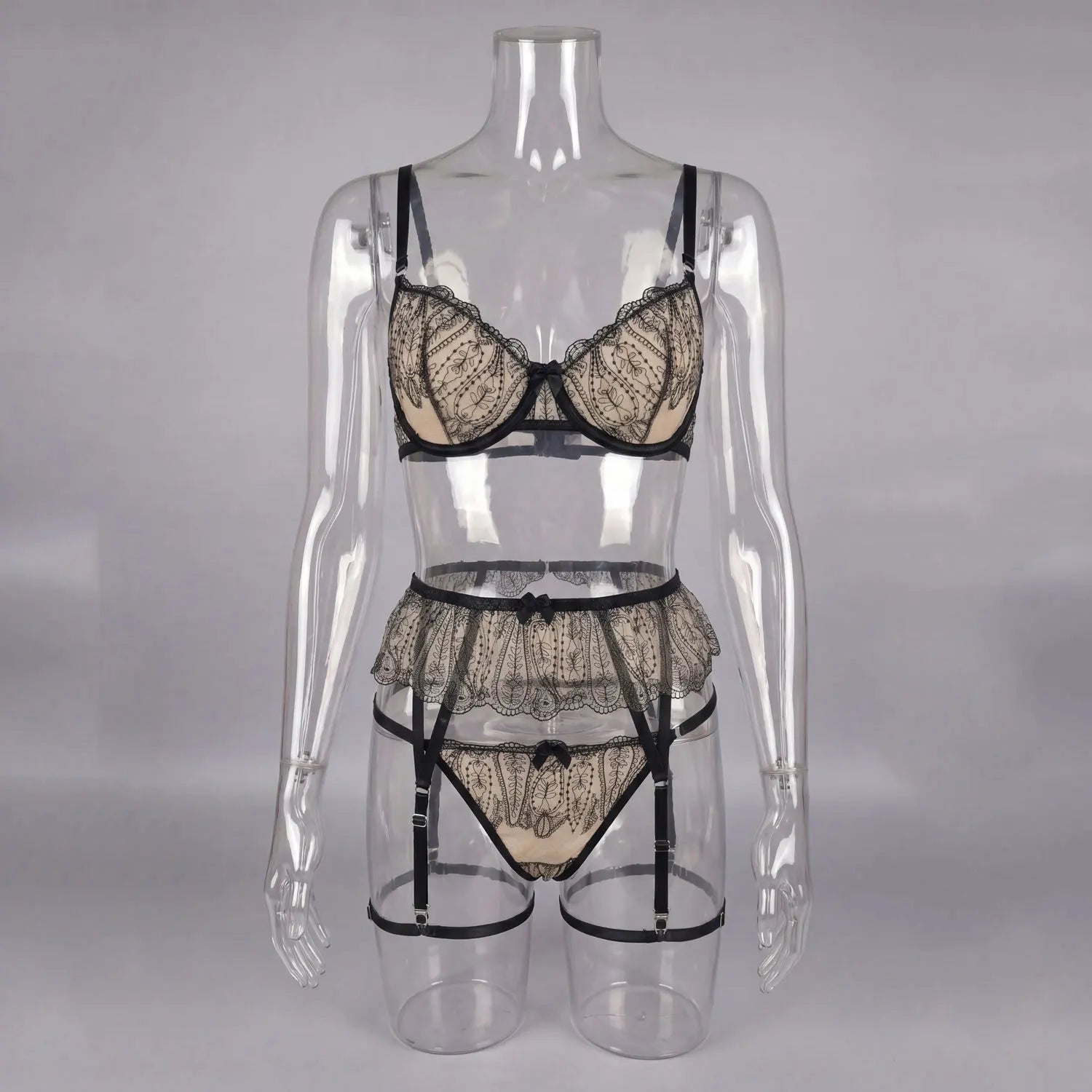 Toucheart Erotic Lingerie Set Steel Ring Body Shaping GatherSee-through Bra Garters 3CPS Pure Desire Delicate Set