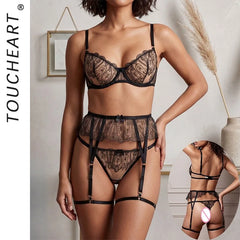 Toucheart Erotic Lingerie Set Steel Ring Body Shaping GatherSee-through Bra Garters 3CPS Pure Desire Delicate Set
