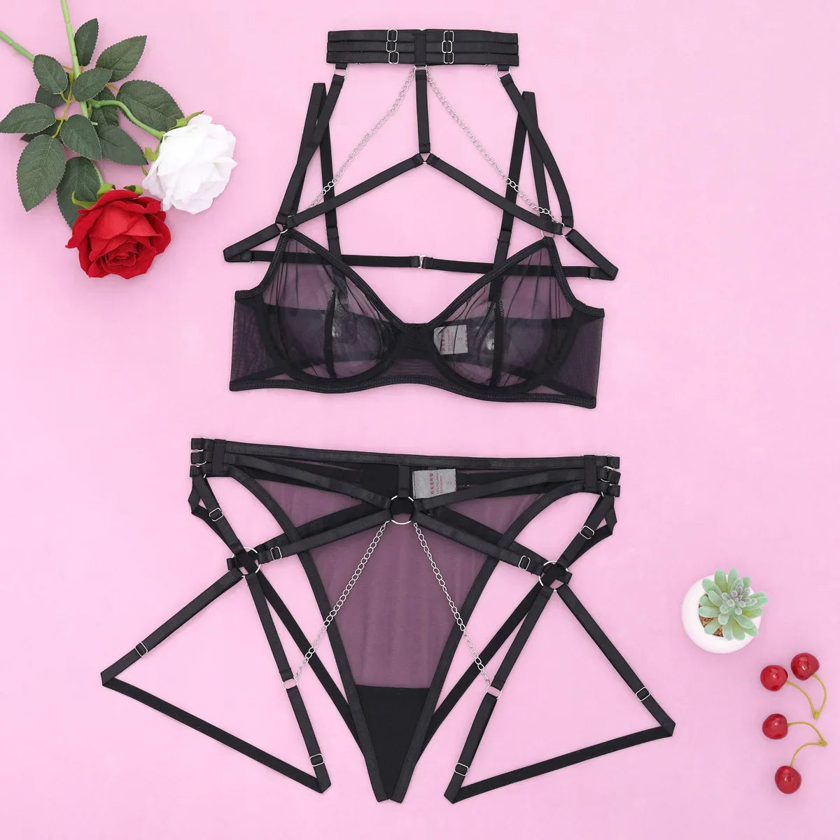 Toucheart Erotic Lingerie Black Mesh See-through Metal Chain Splicing Chain StrapDelicate Lingerie Intimate Set