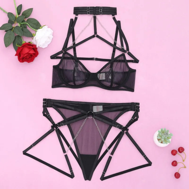 Toucheart Erotic Lingerie Black Mesh See-through Metal Chain Splicing Chain StrapDelicate Lingerie Intimate Set