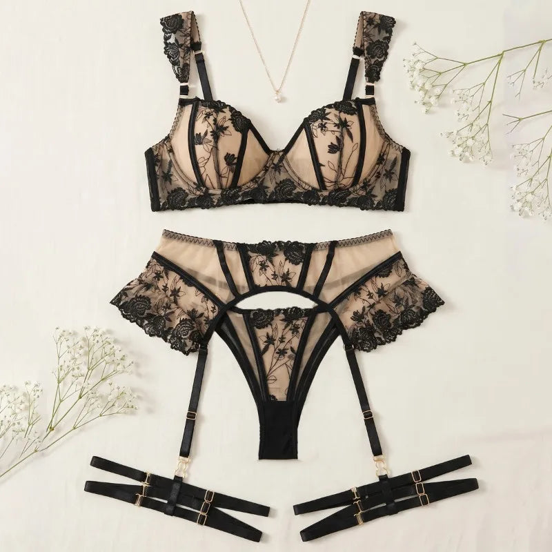 Toucheart Erotic Lingerie Bra Black Exquisite Embroidered Steel Ring See-through Mesh Body Shaping Split Underwear Set