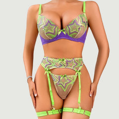 Toucheart Erotic Lingerie Contrasting Color Bra Set Star Embroidered Steel Ring Push-up See-through Four-piece Set