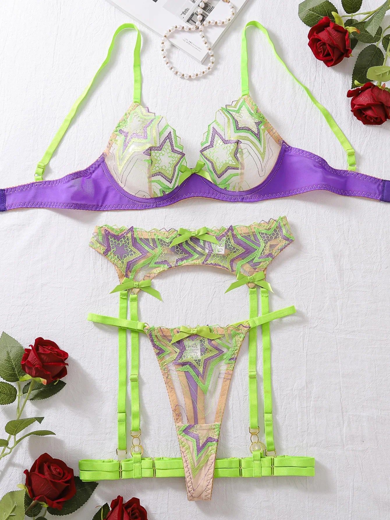 Toucheart Erotic Lingerie Contrasting Color Bra Set Star Embroidered Steel Ring Push-up See-through Four-piece Set