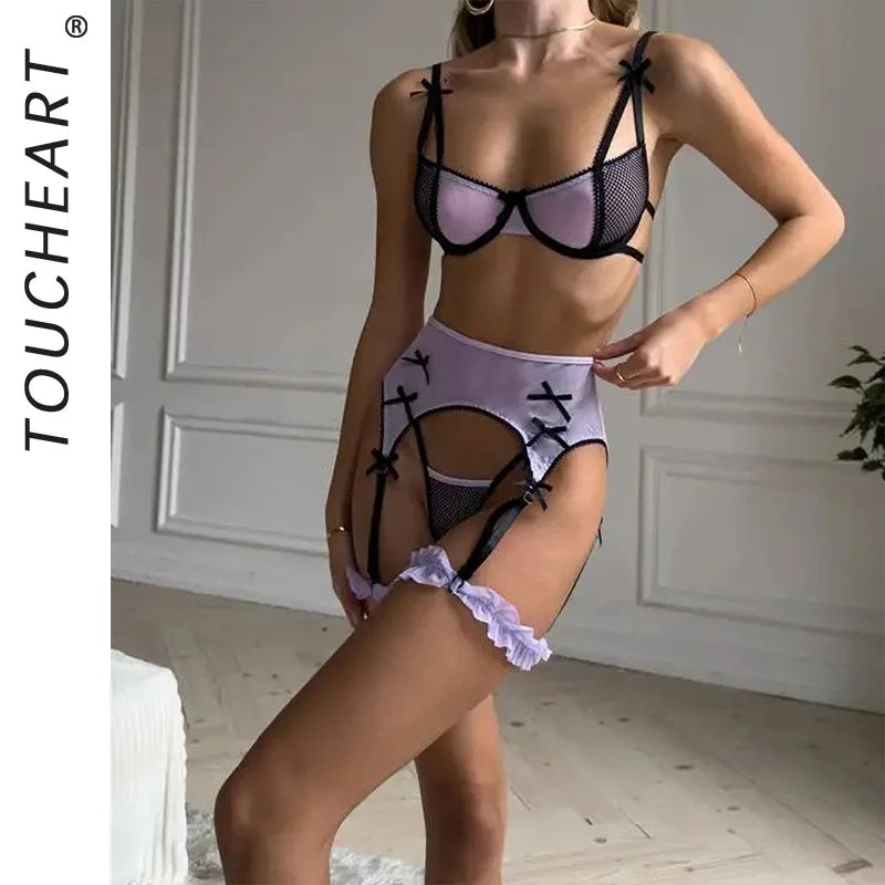 Toucheart Erotic Lingerie Contrasting Color Mesh Bra Set See-through Shapewear Underwear Four-piece Set