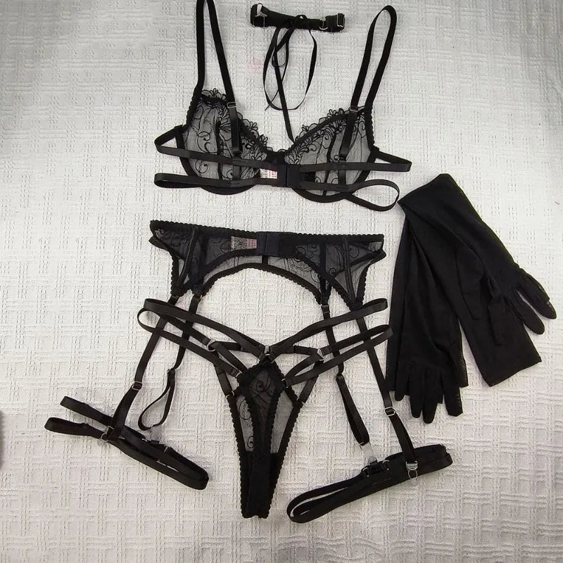 Toucheart Erotic Lingerie Embroidered Lace See-through Suit Underwire Bodyshaping Delicate BraGarter Belt Gloves