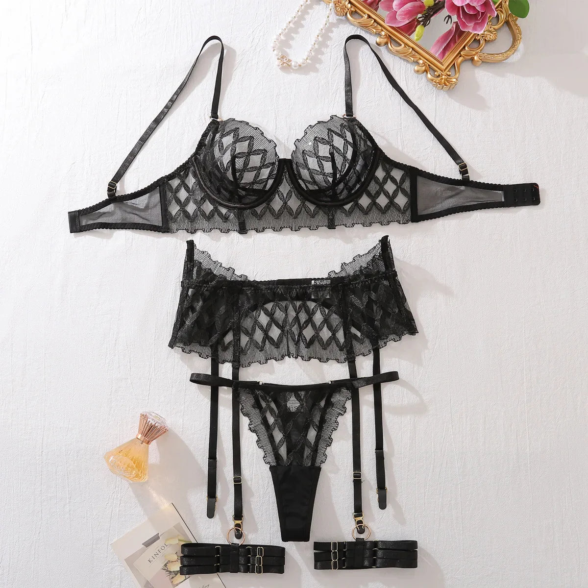 Toucheart Erotic Lingerie Lace Bra Set Mesh See-through Shaping Slim Fit Delicate Underwear Four-piece Set