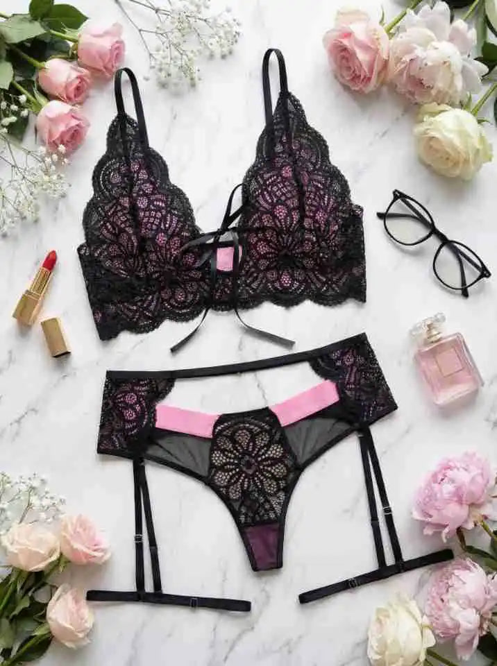Toucheart Erotic Lingerie Lace Contrasting Mesh See-through Intimate Lingerie French Strappy Bra Set