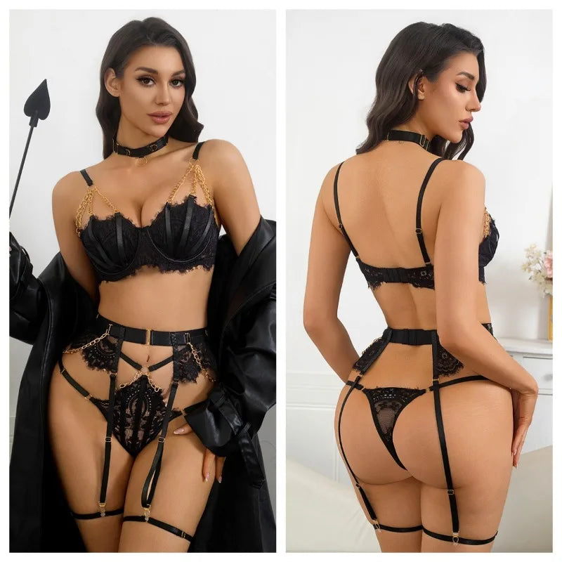 Toucheart Erotic Lingerie Lace Metal Chain GatherGirls Underwear Split Kit Nightclub Partydance Suit