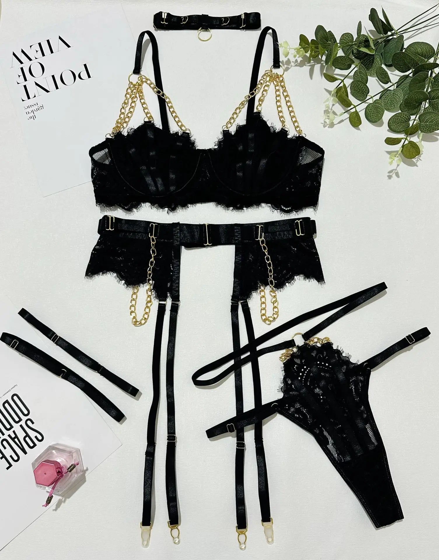 Toucheart Erotic Lingerie Lace Metal Chain GatherGirls Underwear Split Kit Nightclub Partydance Suit