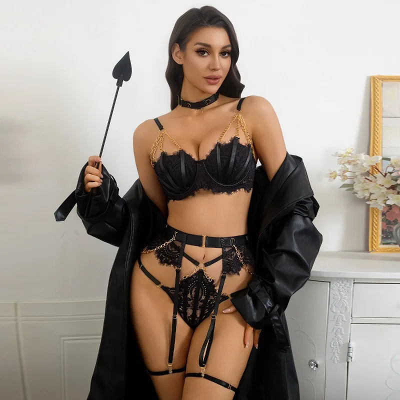 Toucheart Erotic Lingerie Lace Metal Chain GatherGirls Underwear Split Kit Nightclub Partydance Suit