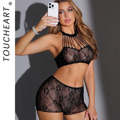 Toucheart Erotic Lingerie Net Suspender One-piece Two-piece Suit See-through Bodyshaping Private Set