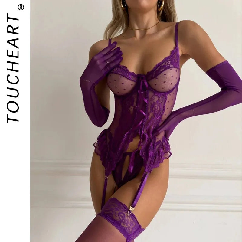 Toucheart Erotic Lingerie See-through Bra Dots Embroidery Flirt Open Crotch Panty with Stockings Underwear
