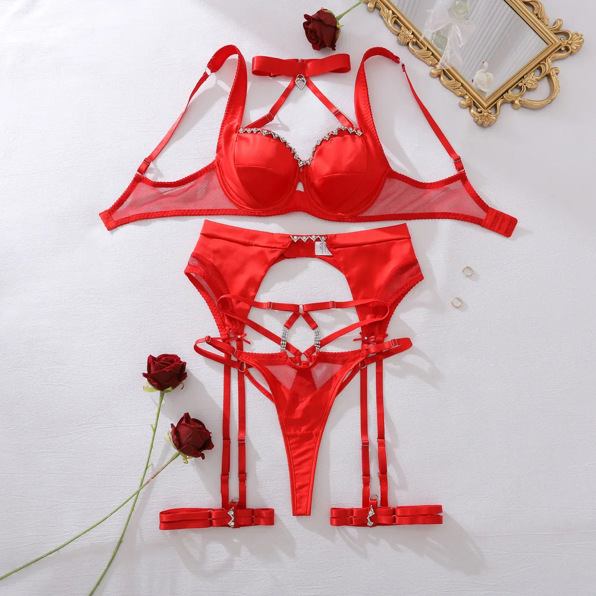 Toucheart Erotic Lingerie Sparkling Diamond Accessories Halter Neck Stitching Body-shaping Lingerie Split Set