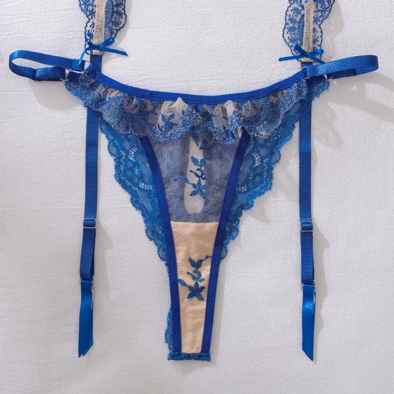 Toucheart Erotic Lingerie Stylish Bow Decorated with Blue Floral Embroidery Waist Slim Split Underwear Set