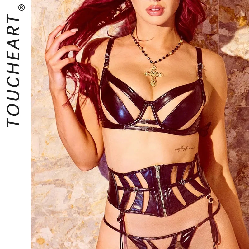 Toucheart Erotic Lingerie Stylishgirl Leather Splicing Mesh Luxurious Intimate Lingerie Three-piece Set