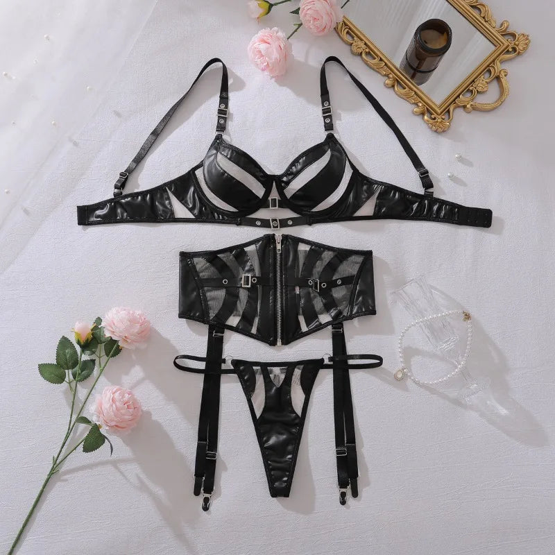 Toucheart Erotic Lingerie Stylishgirl Leather Splicing Mesh Luxurious Intimate Lingerie Three-piece Set