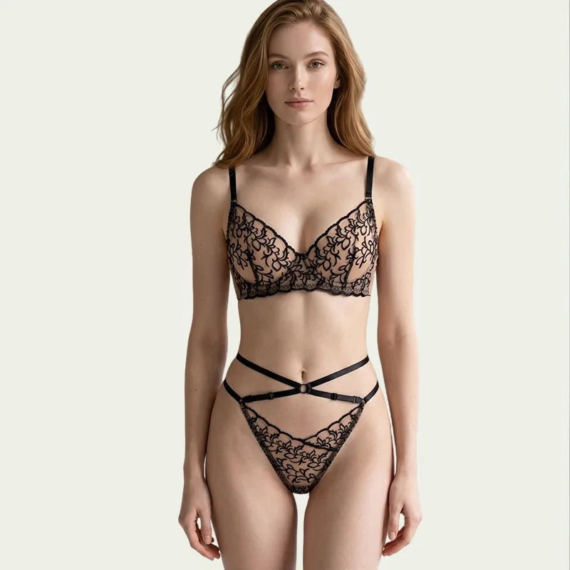 Toucheart Erotic Lingerie Set of French Style Bra Breathable Embroidered Mesh Underwear Contrasting Color Belt Detachable