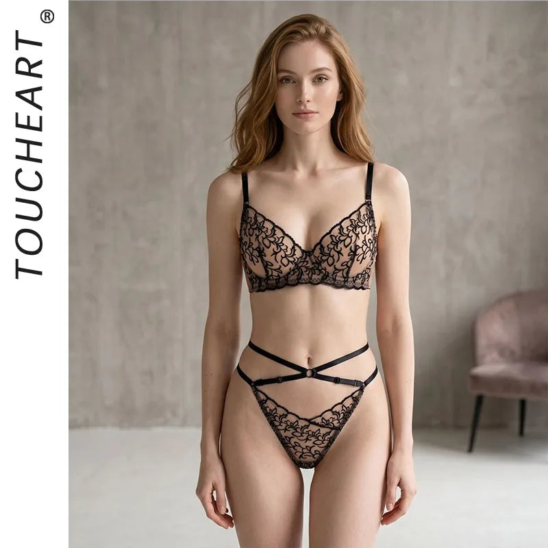 Toucheart Erotic Lingerie Set of French Style Bra Breathable Embroidered Mesh Underwear Contrasting Color Belt Detachable