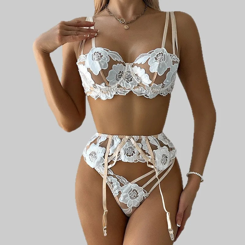 Toucheart Erotic Lingerie Thin Mesh Embroidered Hollowbody Shaping Lingerie Garter Belt Three-piece Set