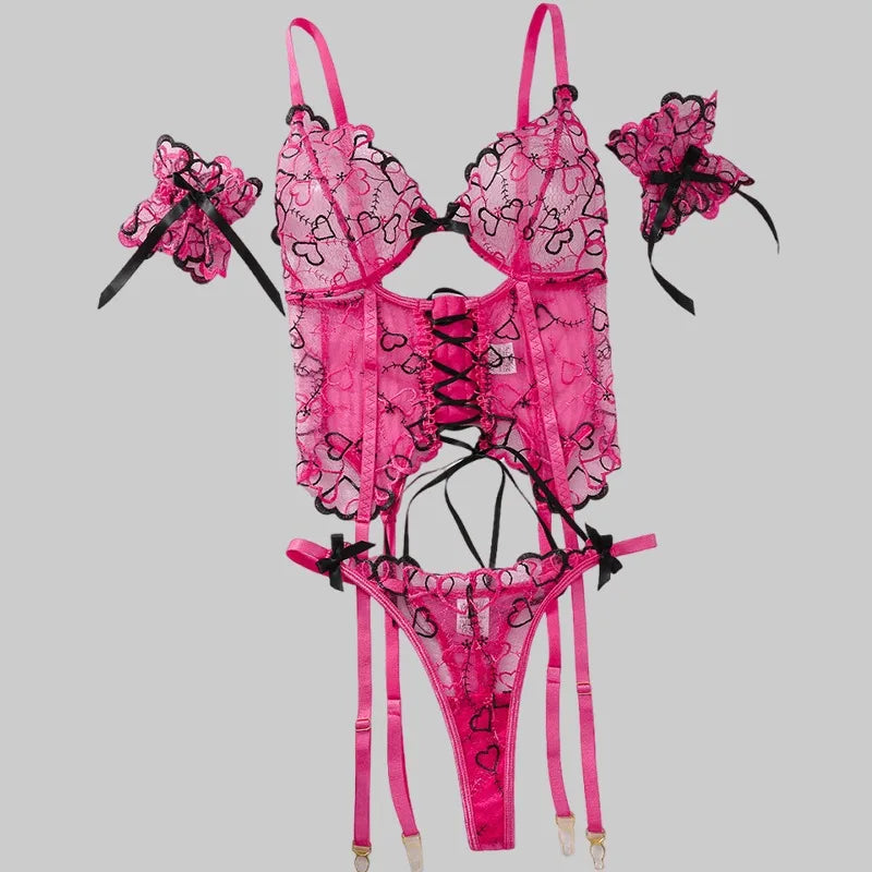 Toucheart Erotic Lingerie Thin Strappy Love Embroidered Shapewear Romantic Pure Desire Intimate Three-piece Set