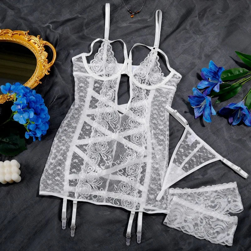 Toucheart Erotic Lingerie Thong Lace See-through Suspender Skirt Cross Backless Delicate Intimate Pajamas