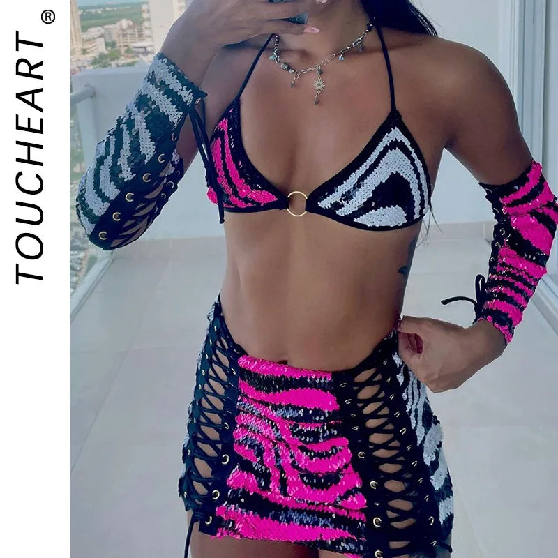 Toucheart Erotic Lingerie Three Colors Stripe Halter Bikini with Short Skirt 4PCS Delicate Premium Split Kit