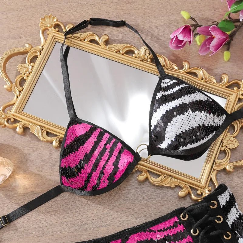 Toucheart Erotic Lingerie Three Colors Stripe Halter Bikini with Short Skirt 4PCS Delicate Premium Split Kit
