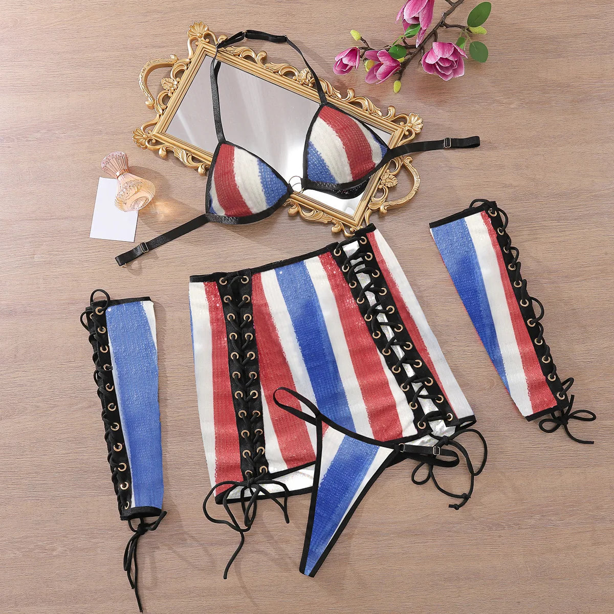 Toucheart Erotic Lingerie Three Colors Stripe Halter Bikini with Short Skirt 4PCS Delicate Premium Split Kit