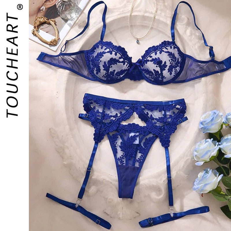 Toucheart Erotic  Lingerie Three Point Type See-through Lace Embroidery Pure Desire Slim Underwear Set