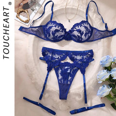 Toucheart Erotic  Lingerie Three Point Type See-through Lace Embroidery Pure Desire Slim Underwear Set