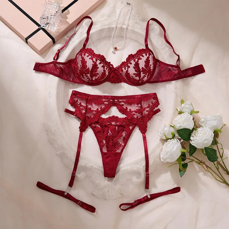 Toucheart Erotic  Lingerie Three Point Type See-through Lace Embroidery Pure Desire Slim Underwear Set