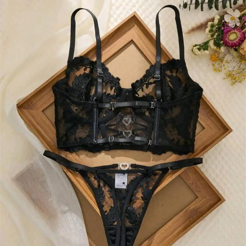 Toucheart Erotic Lingerie Ultra-thin Cup Lace Embroidery See-through Bra Set Pure Lust Underwear Two-piece Set