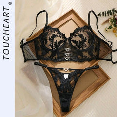 Toucheart Erotic Lingerie Ultra-thin Cup Lace Embroidery See-through Bra Set Pure Lust Underwear Two-piece Set