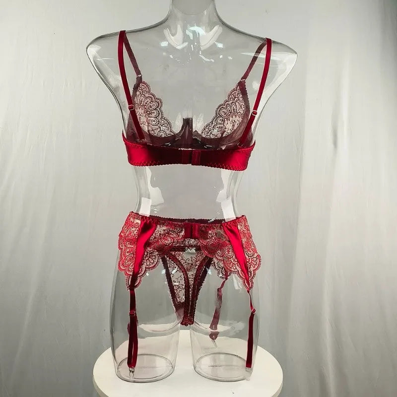 Toucheart Erotic Lingerie Ultra-thin Embroidered Flower See-through Lace Big Breasts Intimate Slimming Glove Four-pieceset