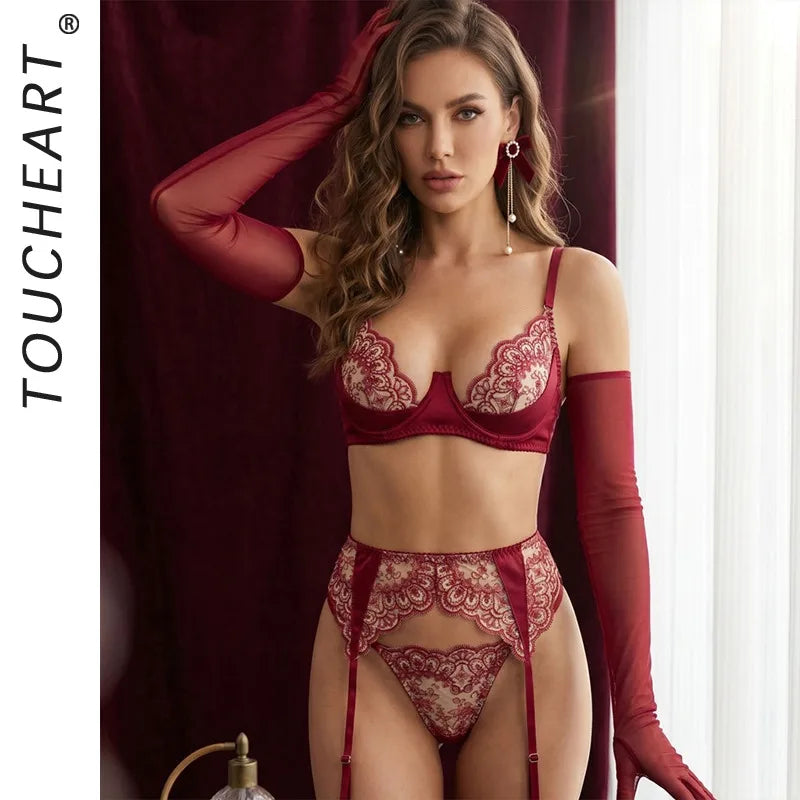 Toucheart Erotic Lingerie Ultra-thin Embroidered Flower See-through Lace Big Breasts Intimate Slimming Glove Four-pieceset