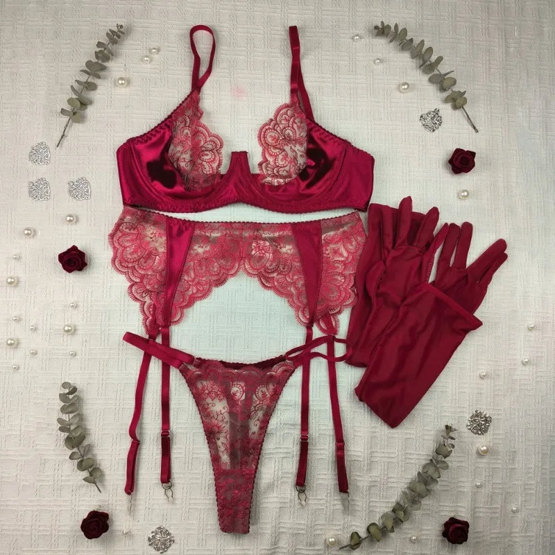 Toucheart Erotic Lingerie Ultra-thin Embroidered Flower See-through Lace Big Breasts Intimate Slimming Glove Four-pieceset