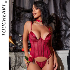 Toucheart Erotic Lingerie Ultra-thin Mesh Breathable Fishbone Shapewear Luxurious Thong Sex Suit