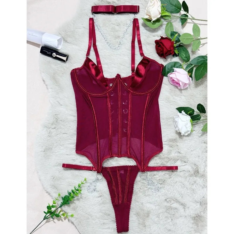 Toucheart Erotic Lingerie Ultra-thin Mesh Breathable Fishbone Shapewear Luxurious Thong Sex Suit